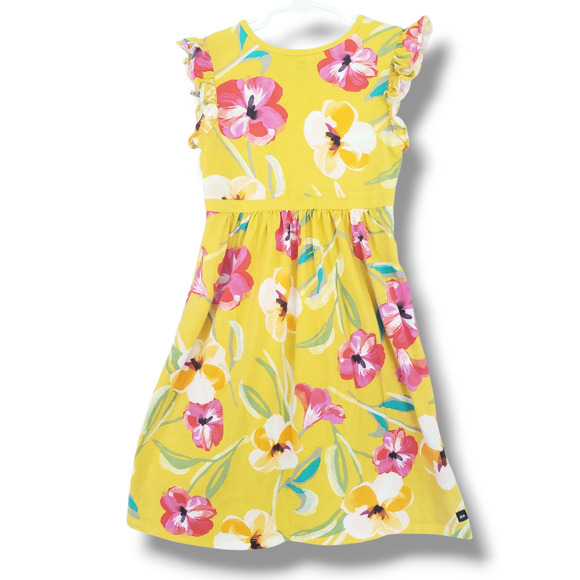Tea Collection Girls 12 Faux Wrap Dress Painterly Hibiscus Yellow - Picture 3 of 5